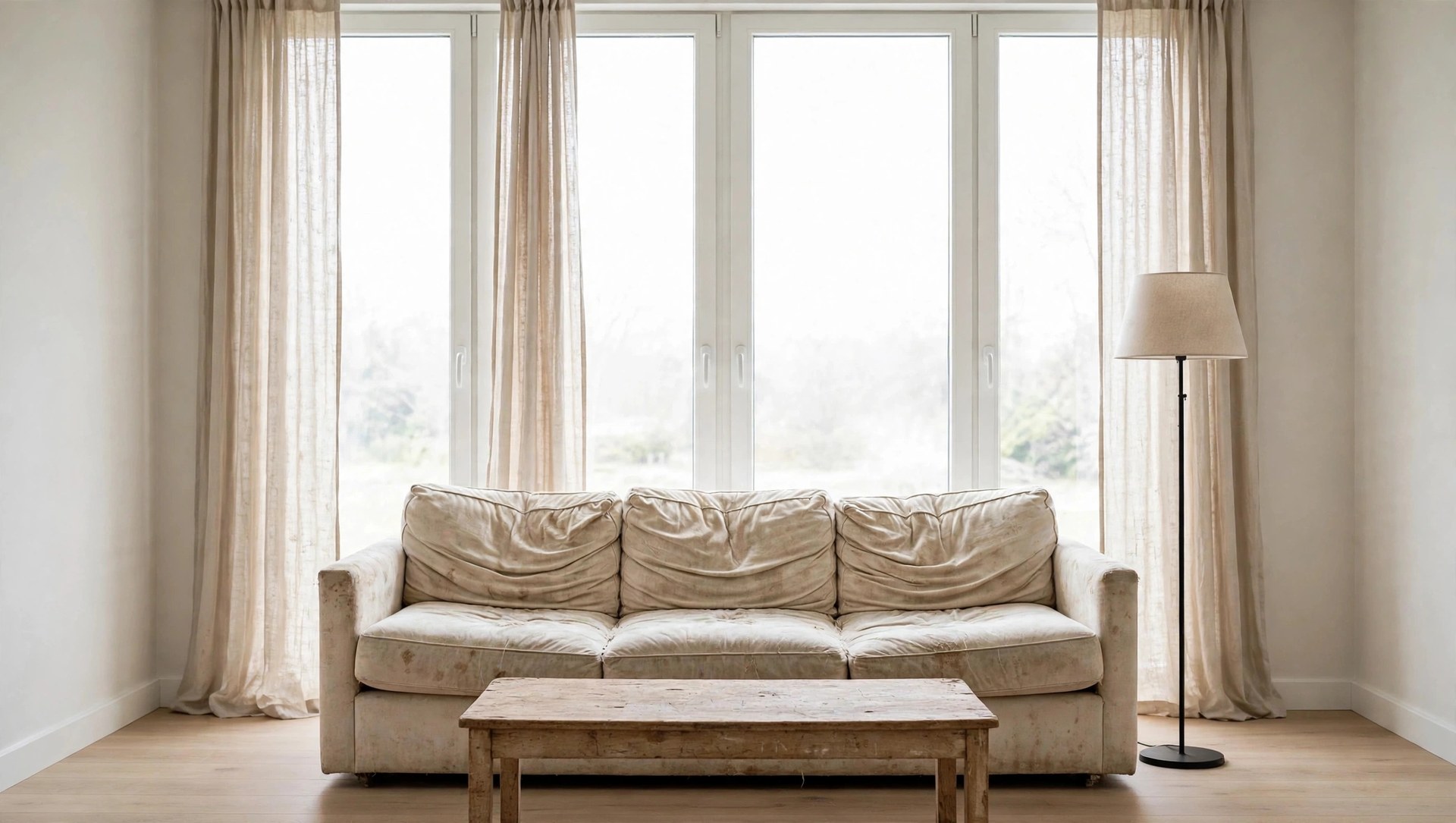 Same living room with old worn-out furniture